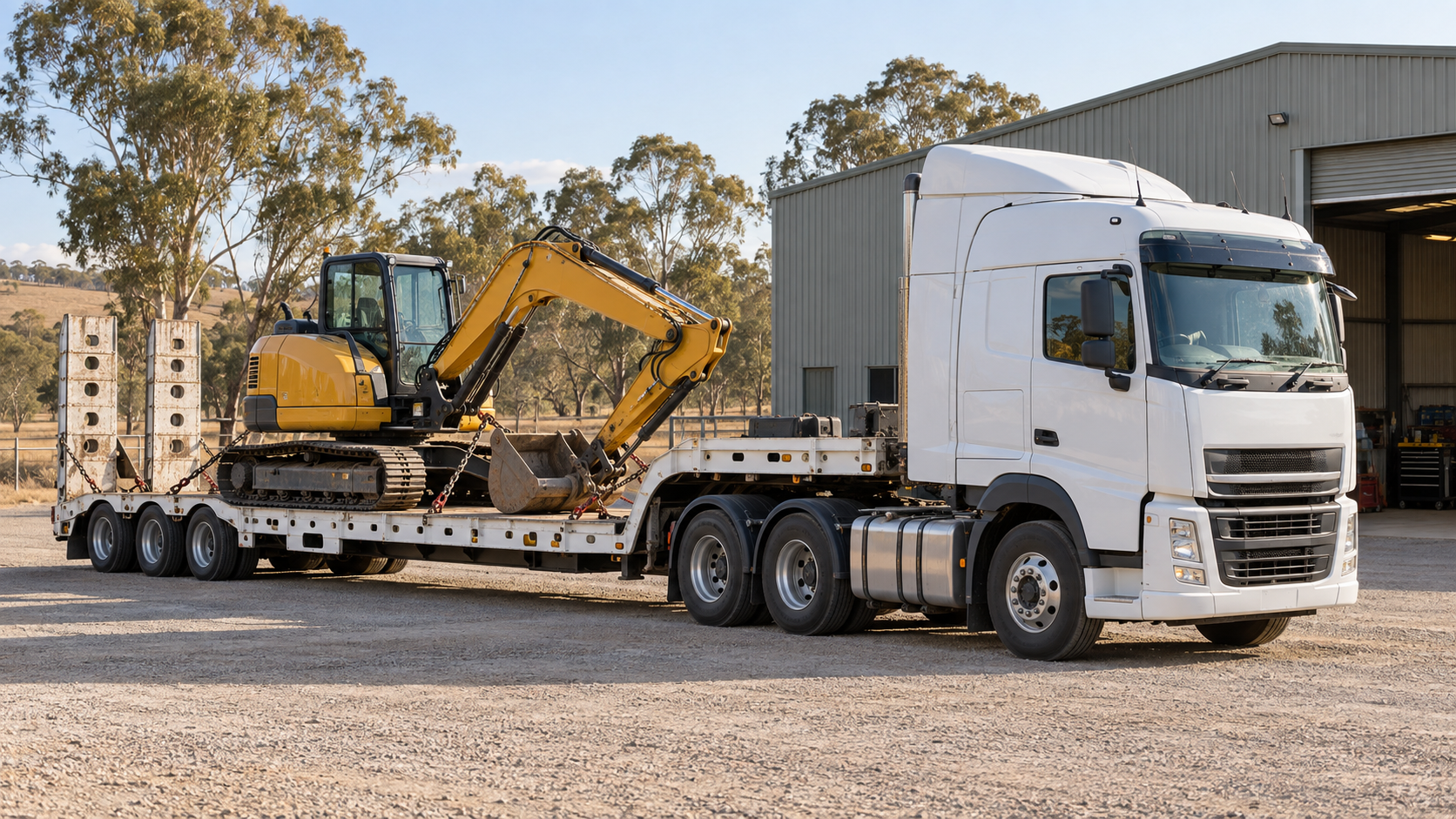 Excavator secured on a low-loader in a machinery yard